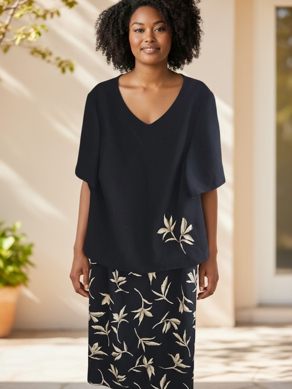 Studio C Black Midi Dress with Cream Leaf Print